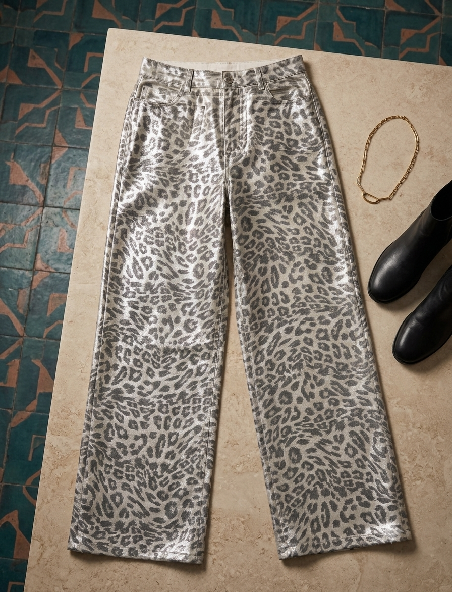 Animal print denim pant